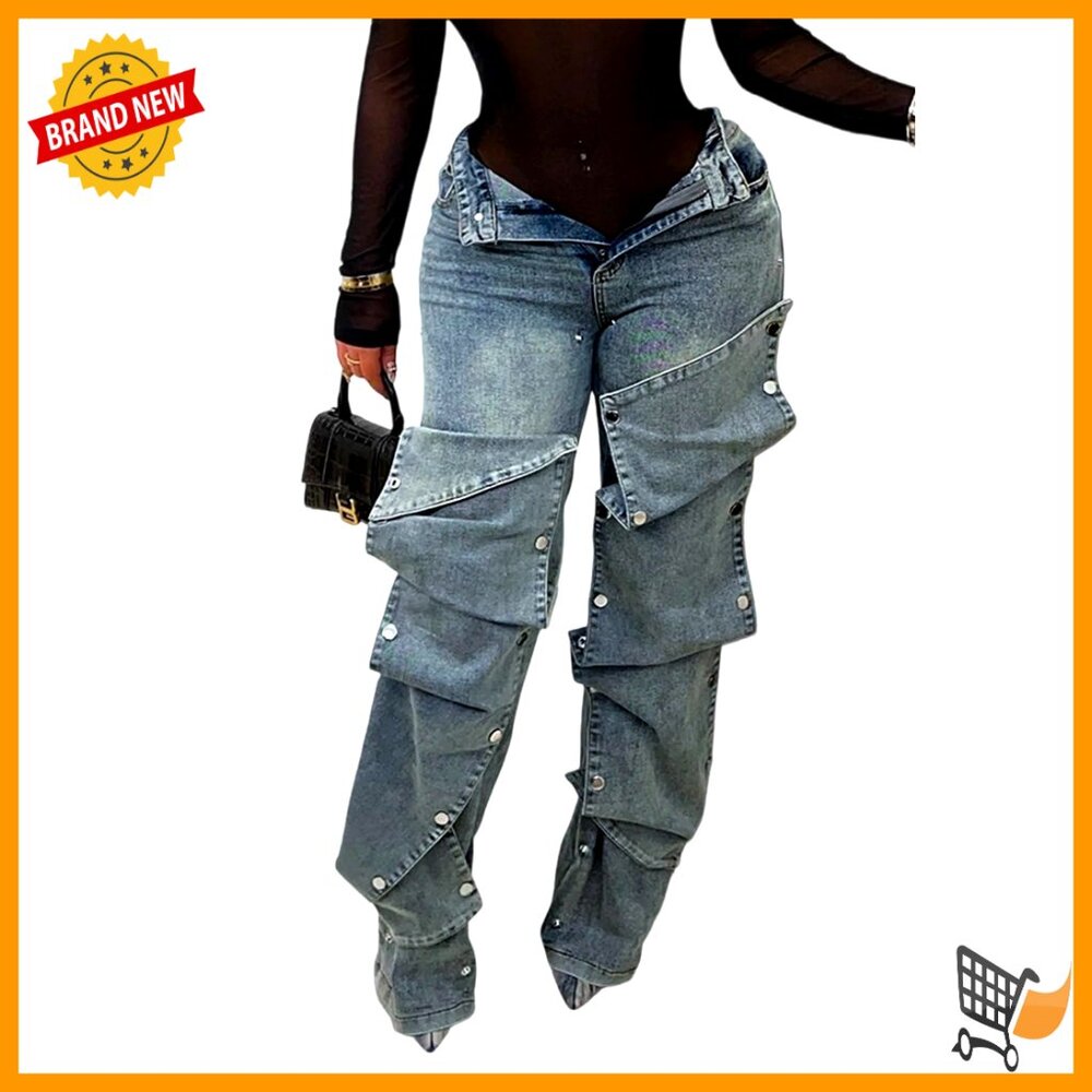 High Waisted Cargo Jeans Wide Leg Straight Detachable Patchwork Stretch Pants